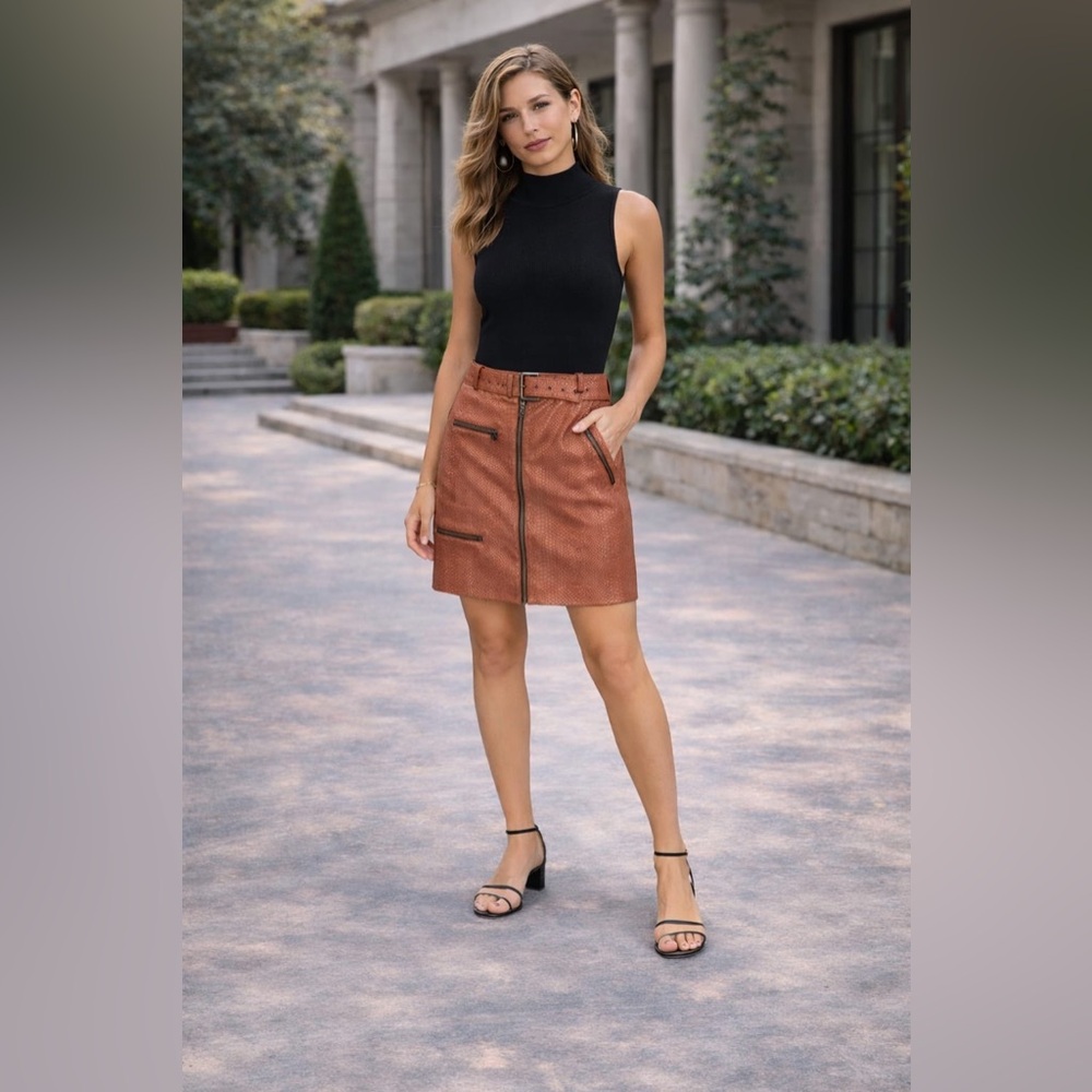 NWT HOUSE‎ OF HARLOW x REVOLVE 100% LEATHER Full Zip Belt Mini Skirt Size XL